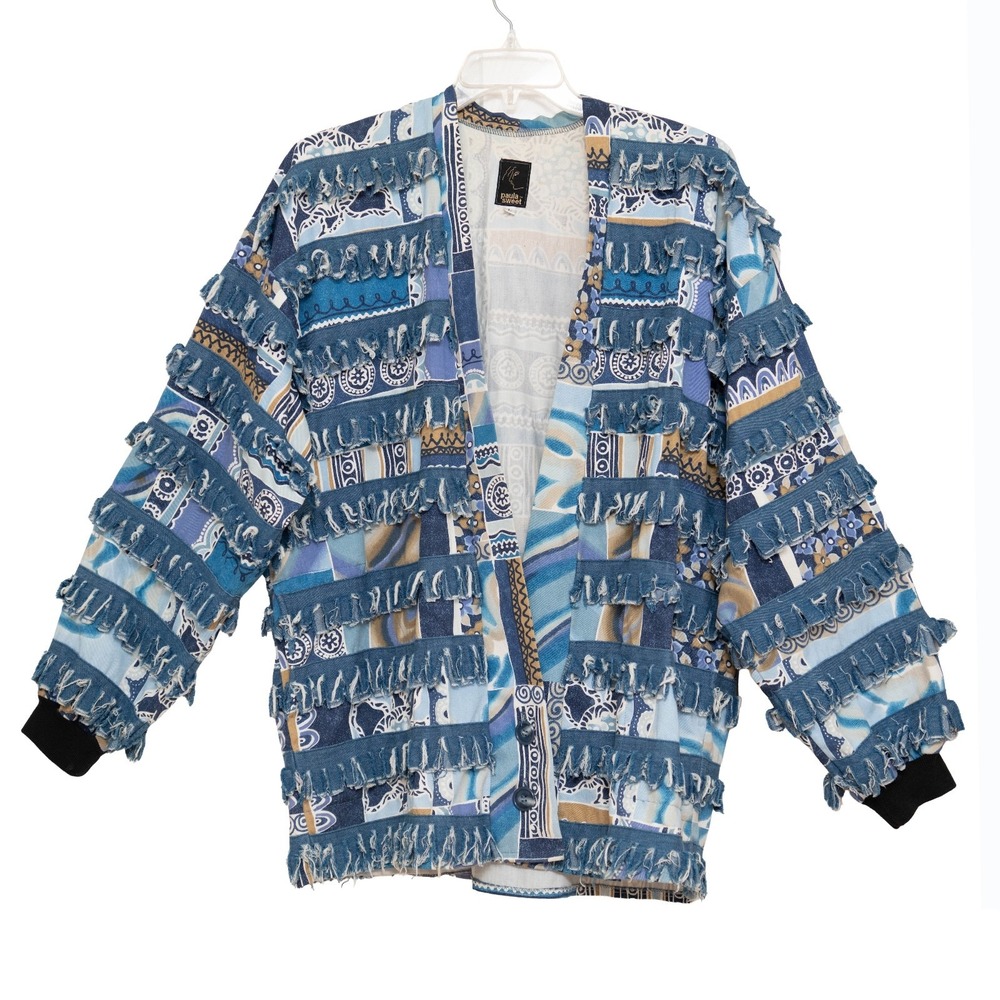 VTG Denim‎ Fringe Jacket Sz L Oversized Boho Art Pastel 80's Boho Eclectic Artsy